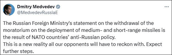 俄方称不再受中导条约约束，梅德韦杰夫：北约反俄的结果