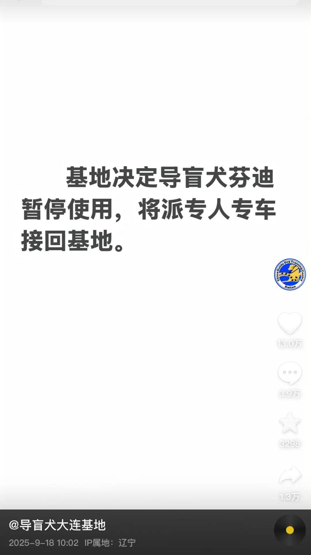 陪盲人夜爬泰山的导盲犬已被接回大连基地,训练有素的导盲犬全国仅400余只,专业人士不建议危险情况下使用